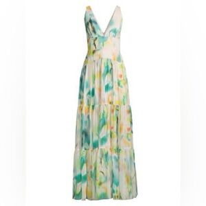 Liv Foster Chiffon Floral Tiered Gown, Size 10 watercolor style v neck wedding